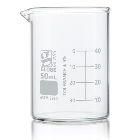 Beaker, Globe Glass, 50mL, Low Form Griffin Style, Dual Graduations, ASTM E960, 12/Box, 12PK